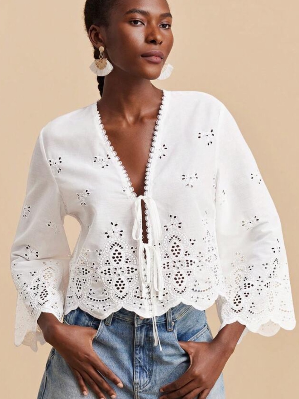 White Eyelet Tie-Front Blouse